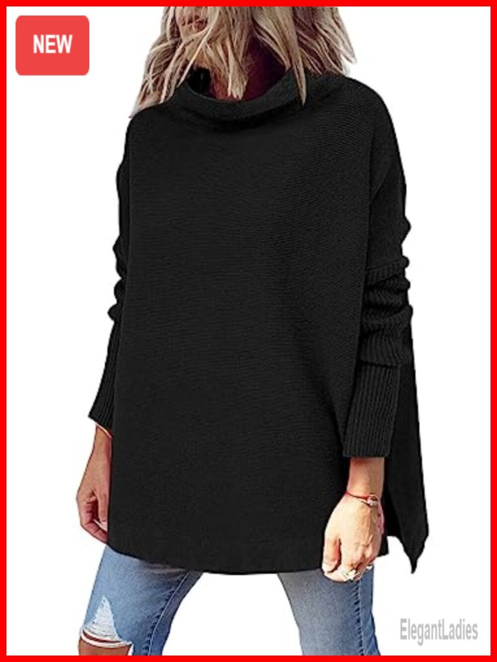 Mock Turtleneck Oversized Long Tunic Sweater Split Hem Pullover